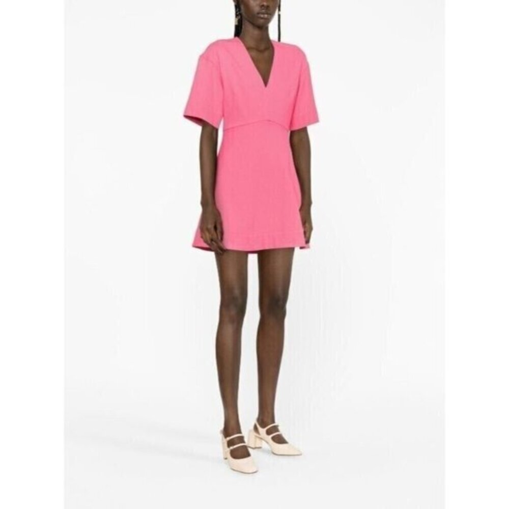 GANNI V-neck Flared Pink Stretch Viscose A-line Mini Dress EU 42 NEW